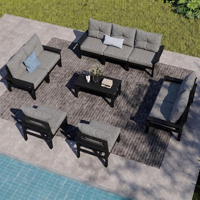 HDPE Outdoor Patio Furniture Set, 10-Piece Patio Conversation Sets with Coffee Table & Grey Washable Thick Cushions, Outdoor Sofa for Garden, Balcony, Porch, Yard, Lawn (Black Frame)
