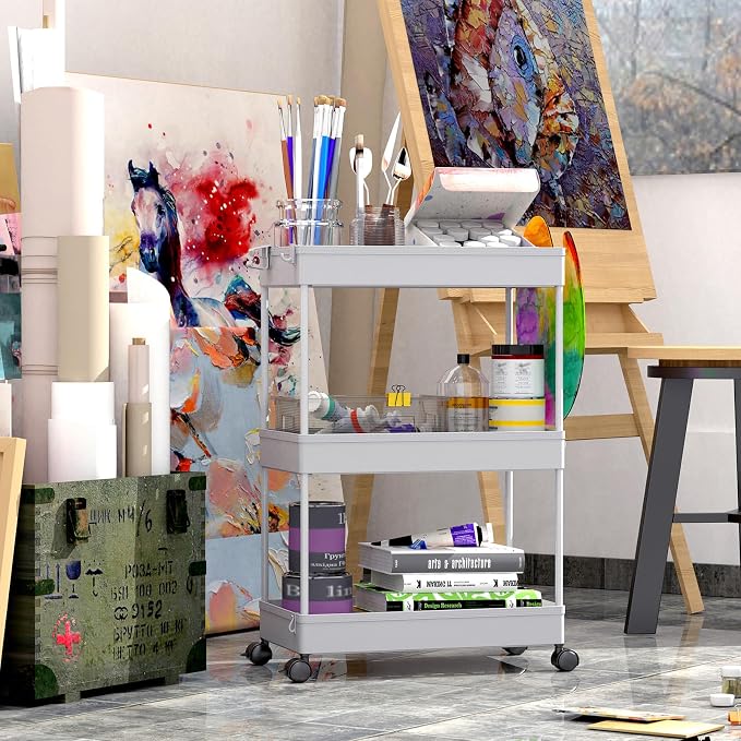 SPACEKEEPER Rolling Storage Cart 3 Tier Bathroom Cart Organizers with Wheels Laundry Room Organization Mobile Shelving Unit Utility Cart Storage Shelves Multi-Functional for Office, Home, Gray