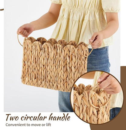 Wicker Toilet Paper Storage Basket Large Scallop Edge Water Hyacinth Narrow Wicker Baskets for Toilet Paper up to 9 Mega Rolls for Bathroom Accessories Organizer Storage
