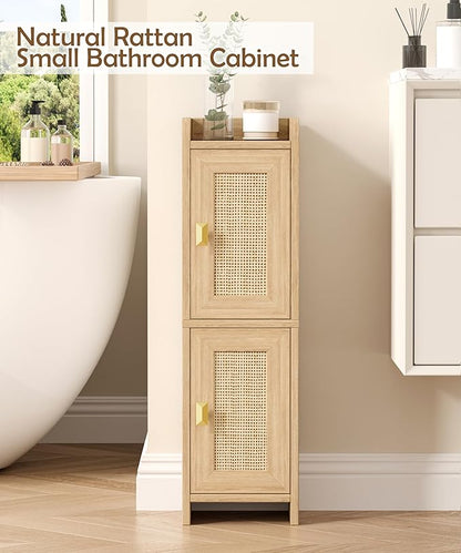 Akxomel Rattan Small Bathroom Cabinet with 2 Doors, 7.9''D x 7.9''W Narrow Toilet Paper Storage Cabinet, Bathroom Organizer for Small Spaces, Wooden Slim Corner Unit with Adjustable Shelf, Natural Oak