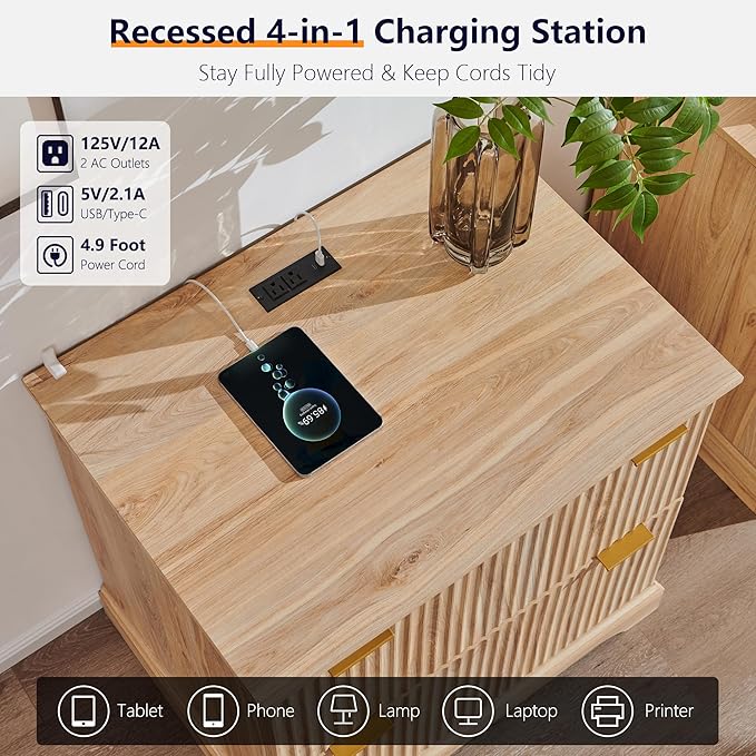 JXQTLINGMU 2 Drawer File Cabinet with Charging Station, 30" Fluted Lateral File Cabinet w/Files Hanging Rod for Letter/Legal/A4, Large Tabletop for Printer, Office Wood Printer Cabinets, Oak