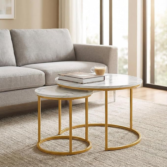Round Nesting Coffee Table Set of 2, Modern Marble Pattern Wooden Nesting Tables, Stacking Minimalist End Table for Living Room Bedroom Small Space, (Glod Leg+White top)
