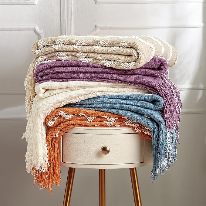 BOURINA Fluffy Chenille Knitted Fringe Throw Blanket Lightweight Soft Cozy for Bed Sofa Chair Throw Blankets, Blue 50" x 60"