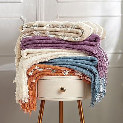 BOURINA Fluffy Chenille Knitted Fringe Throw Blanket Lightweight Soft Cozy for Bed Sofa Chair Throw Blankets, Coral Pink 50" x 60"