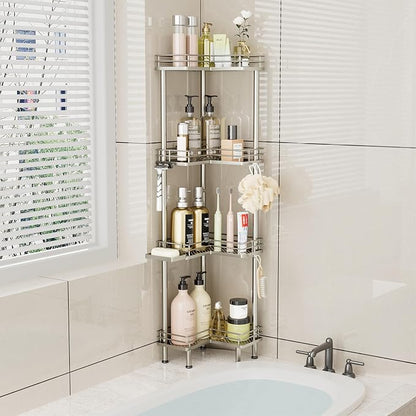 Consumest Corner Shower Caddy Standing - 4-Tier Stainless Steel Shower Organizer with Soap Holder and 4 Hooks, Large Capacity Corner Shelf Stand for Bathroom, Rest Room, Sand Nickel