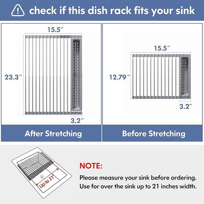 JASIWAY Over The Sink Dish Drying Rack for Kitchen, Expandable (12.8"-23.8" D x 15.5" W) Roll Up Dish Drainer with The Function of Fordable, Rust Proof, Large Sink Cover with Removable Utensil Holder