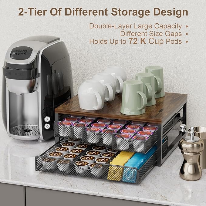 Coffee Pod Holder For Counter, 3 Pull-Out 72 K-Cup Holder Drawer, Wooden Cafe Pods Storage Organizer with Sliding Drawers for Coffee Station, Home, Kitchen, Office, Dorm (Antique Finish)