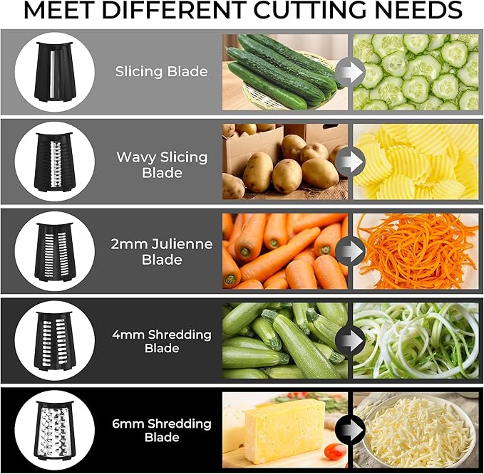 SUSTEAS Rotary Cheese Grater with Handle - Vegetable Shredder with 5 Well-designed Blades & Strong Suction Base,Round Mandoline Slicer & Food Chopper for Kitchen,with Blade Storage Box(Black)
