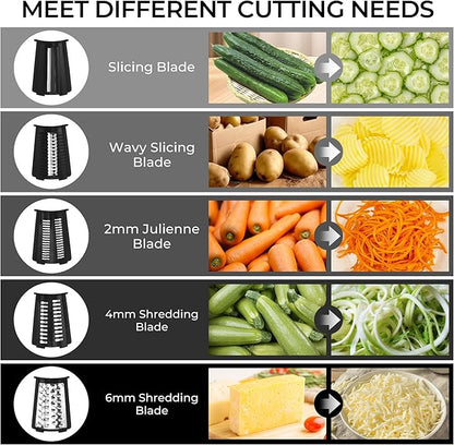 SUSTEAS Rotary Cheese Grater with Handle - Vegetable Shredder with 5 Well-designed Blades & Strong Suction Base,Round Mandoline Slicer & Food Chopper for Kitchen,with Blade Storage Box(Black)
