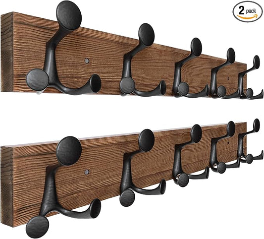 SKOLOO 24-Inch Wood Coat Rack Wall Mount with 5 Triple Hooks - Ideal for Family Entrances, Classrooms, and Pet Supplies Storage - Perfect Coat Hooks for Wall,Charred Golden Brown, Pack of 2