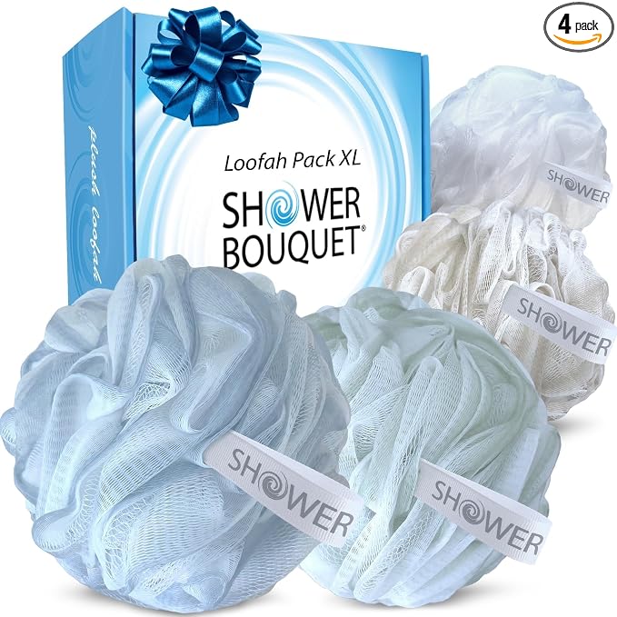 SHOWER BOUQUET Loofah-Bath-Sponge XL Soft-Pastel-Colors 4-Pack // Extra-Large 75g Mesh Luffa Loofa Loufa Puff Pouf Set/Exfoliating Body Scrubber for Women and Men - Exfoliate & Soothe Face & Body