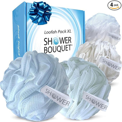 SHOWER BOUQUET Loofah-Bath-Sponge XL Soft-Pastel-Colors 4-Pack // Extra-Large 75g Mesh Luffa Loofa Loufa Puff Pouf Set/Exfoliating Body Scrubber for Women and Men - Exfoliate & Soothe Face & Body