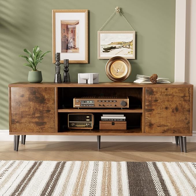 JUMMICO TV Stand for 65 Inch TV, Mid Century Modern TV Stand, Entertainment Center with Storage Cabinet and Open Shelves, TV Console Table Media Cabinet for Living Room, and Bedroom (Rustic Brown)