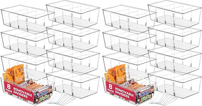 Oizeir Clear Pantry Organizer Bins 16-Pack - Fridge Organizer with 3 Removable Dividers, Ideal for Kitchen, Pantry, Refrigerator, Freezer, and Snack Storage