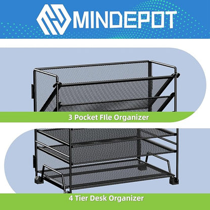4-Tier Paper Organizer + 3-Pocket File Holder, Desktop File Organizers Paper Tray for Office School Classroom Workspace Organization (Black Desk Organizer, No Drawer & No Pen Holder)