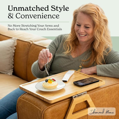 Shamrock Home Bamboo Trayble Couch Arm Table, Clip On Tray Sofa Table for Couches. Sofa Arm Tray for TV Dinners, Remotes, Drinks, Snacks and Small Spaces - 15.75 x 11inch, Beige