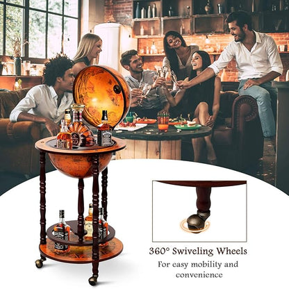 LDAILY 17.5’’ Wood Globe Bar, 16th Century Italian Replica Vintage Bar Cart with Wheels, Wine Cabinet with Liquor Storage, Bottom Shelf & Old World Map, Round Bar Cart for Home (Retro Brown)