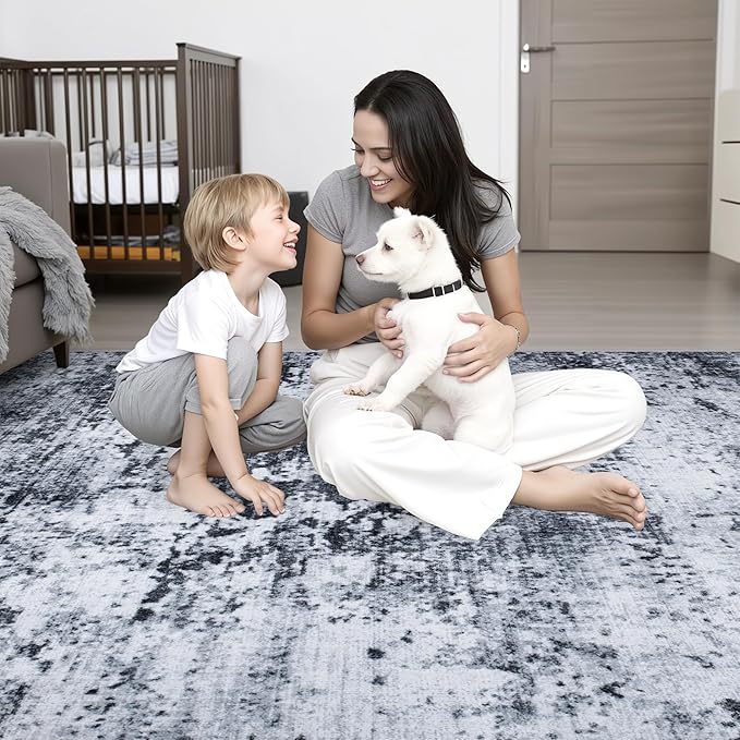 6x9 Area Rug Living Room Rug: Washable Modern Abstract Soft Thin Rug Indoor Floor No Slip Stain Resistant Carpet for Bedroom Dining Room Farmhouse Nursery Home Office - Black