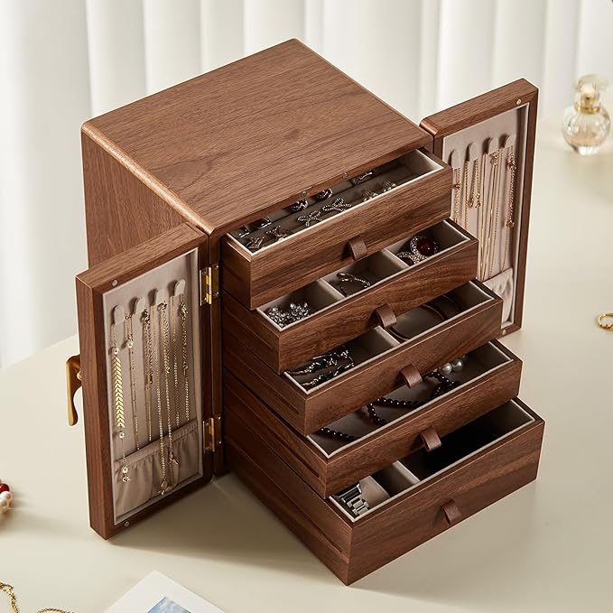 Wooden Jewelry Box 5 Layer Black Walnut Large Jewelry Organizer with Brass Handle for Necklaces Rings Earrings Watches Storage, Christmas Gifts(7.9x8.7x10.0inches)