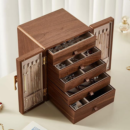 Wooden Jewelry Box 5 Layer Black Walnut Large Jewelry Organizer with Brass Handle for Necklaces Rings Earrings Watches Storage, Christmas Gifts(7.9x8.7x10.0inches)