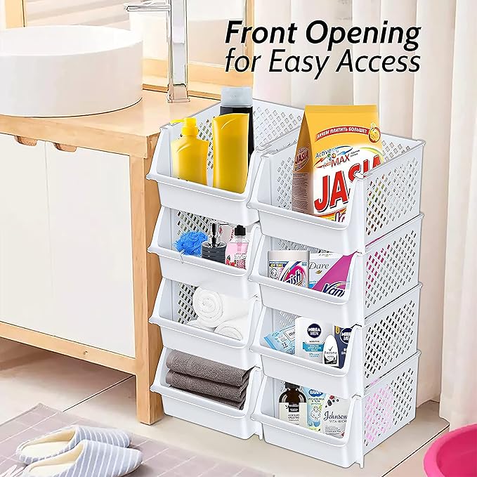 Skywin Stackable Storage Bins Open Front for Pantry Storage, 4 Pack - White | Sturdy Plastic, Easy Stacking, Open Front Access, Ventilated Sides, Vertical & Space Saving Pantry Organizers and Storage Bin