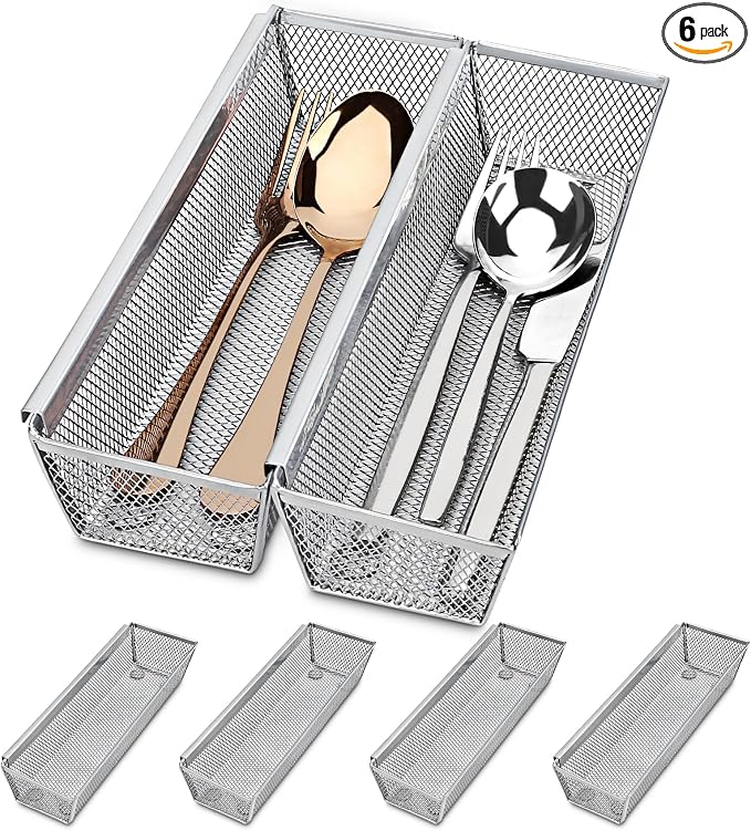 Smgmg Silverware Drawer Organizer, Cutlery Drawer Organizer, 6 Pack Utensil Drawer Organizer, Kitchen Utensils, Flatware Organizer with Interlocking Arm (9.6 * 3 * 2 inch, Grey)