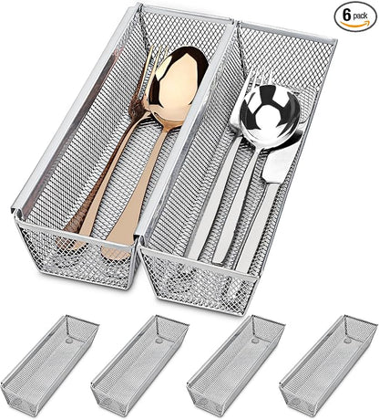 Smgmg Silverware Drawer Organizer, Cutlery Drawer Organizer, 6 Pack Utensil Drawer Organizer, Kitchen Utensils, Flatware Organizer with Interlocking Arm (9.6 * 3 * 2 inch, Grey)