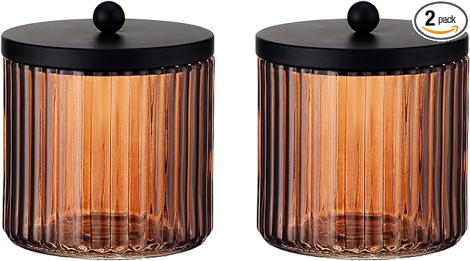 KMwares 2-Pack Glass Qtip Holder Dispenser Set for Cotton Ball, Swab, Round Pads, Floss Picks with Matte Black Metal lid - Bathroom Canister Storage Organization and Vanity Makeup Organizer (Brown)
