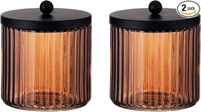 KMwares 2-Pack Glass Qtip Holder Dispenser Set for Cotton Ball, Swab, Round Pads, Floss Picks with Matte Black Metal lid - Bathroom Canister Storage Organization and Vanity Makeup Organizer (Brown)