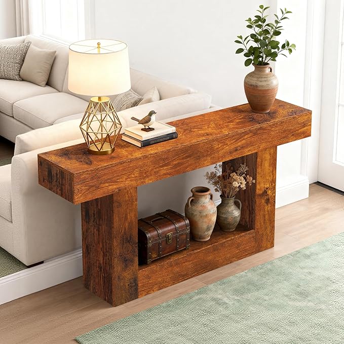 63 Inch Long Entryway Table U-Shaped Extension, Wooden Console Table with Socket Farmhouse Sofa Table for Entrance, Hallway, Living Room,Behind Couch(Rustic Brown)