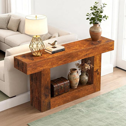 63 Inch Long Entryway Table U-Shaped Extension, Wooden Console Table with Socket Farmhouse Sofa Table for Entrance, Hallway, Living Room,Behind Couch(Rustic Brown)