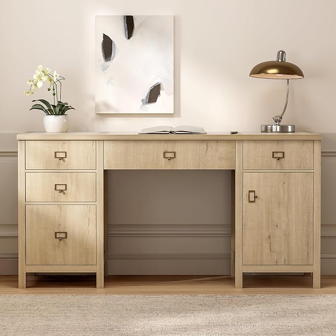 Farmhouse Wood Home Office Desk, 59" Executive Desk Computer Desk with File Drawer Charging Station and Storage Cabinet for Writing Study, Light Oak