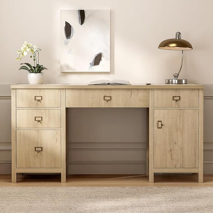 Farmhouse Wood Home Office Desk, 59" Executive Desk Computer Desk with File Drawer Charging Station and Storage Cabinet for Writing Study, Light Oak