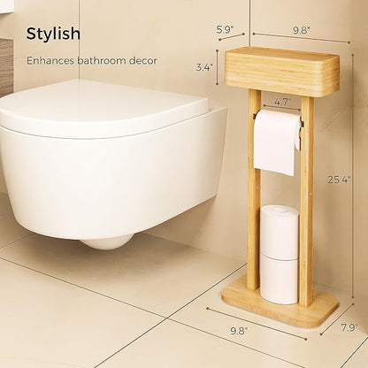 Wealone 4-in-1 Toilet Paper Holder Stand with Storage Shelf Box, 360° Rotating Bamboo Free Standing Toilet Tissue Roll, Toilet Wipes Dispenser Organizer Desktop for Bathroom Decor (Patented)
