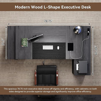 L Shaped Desk with Drawers for Home, 78-Inch Executive Office Desk with Power Outlet, Large Home Office Desks with Open Shelf and Storage Cabinet for Home, Grey Black