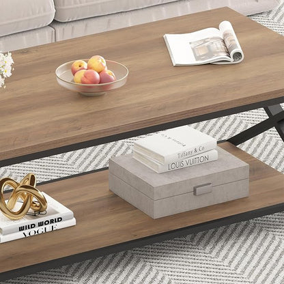 HSH Rustic Wood Coffee Table, Modern Farmhouse Living Room Table, Minimalist Center Table with Storage & Display Shelf, 2 Tier Simple Rectangle Cocktail Tea Table for Home Office Bedroom, 47 Inch