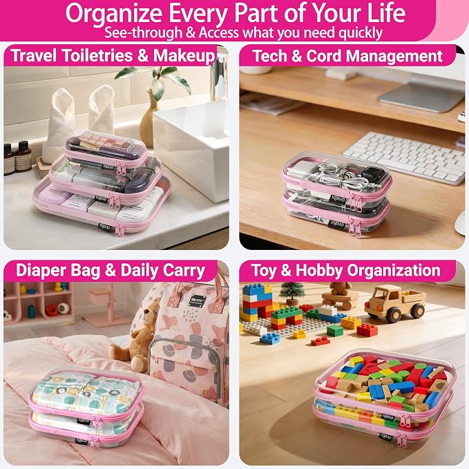 6 Pack Pink Clear Hard Shell Beauty Organizer (2M+4S), 1.2mm Heavy Duty Crush-Proof Cosmetic Case, Reinforced YKK Zippers, Stadium Approved Security Bag for Skincare & Electronics, Multi-Size Set