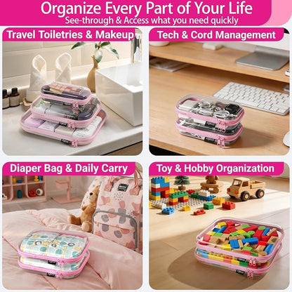YQBRAO 3-Pack Large Clear Hard Shell Zipper Case, 1.2mm Ultra-Thick Rigid Toy & Closet Organizer, Heavy-Duty Diaper Bag Pouch Set with YKK Zippers, Waterproof Travel Storage (Pink)