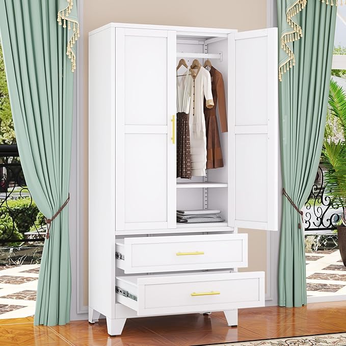 Metal Wardrobe Cabinet with Hanging Rod, 71" Metal Clothing Storage Cabinets with 2 Door, 1 Adjustable Shelf and 2 Drawers, Steel Armoire Wardrobe Closet for Bedroom, Gym, Cloak Room (White)