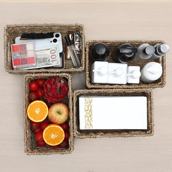 4 Small 3.6 QT Seagrass Wicker Baskets for Shelves, 10" Long Woven Pantry Organizers and Storage Basket, Decorative Ratten Shallow Rectangle Baskets for Organizing Countertop Kitchen