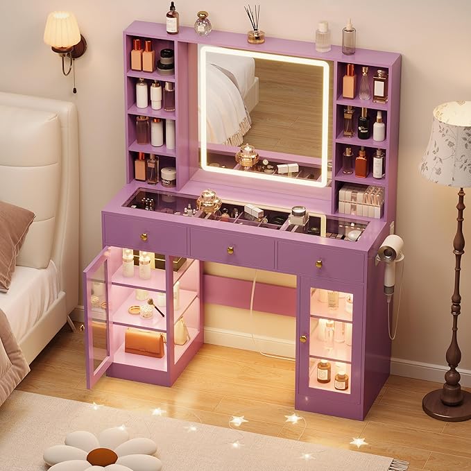 Purple Vanity Desk with Mirror and Lights, Glass Top Vanity with Lighted Mirror & RGB Cabinet and 3 Drawers, Dressing Table with 8 Shelves, Makeup Desk with Lights for Girls Bedroom, 3 Color Modes
