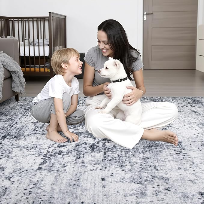 Washable Area Rug 3x5 Entryway Rug: Washable Modern Abstract Soft Thin Rug Indoor Floor No Slip Stain Resistant Carpet for Bedroom Dining Room Farmhouse Nursery Home Office - Grey