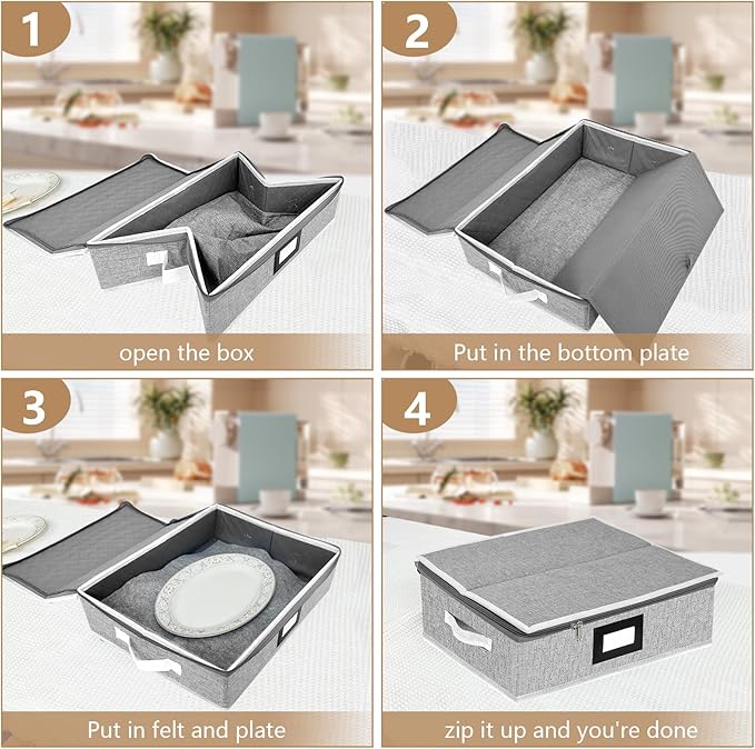 homyfort Platter Storage Case Box, China Storage Containers Hard Shell, 5 Felt Dividers Included, Structured Top and Stackable Platter Storage Containers (Grey)