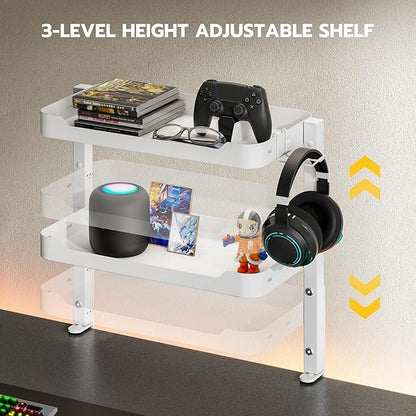 ARES WING 2-Tier Clamp On Desk Shelf, 16 inch Adjustable Above or Under Desk Storage Shelves Holds 44 lbs, Heavy Duty Desktop Organizer with Headphone Holder for Working and Gaming Accessories, White