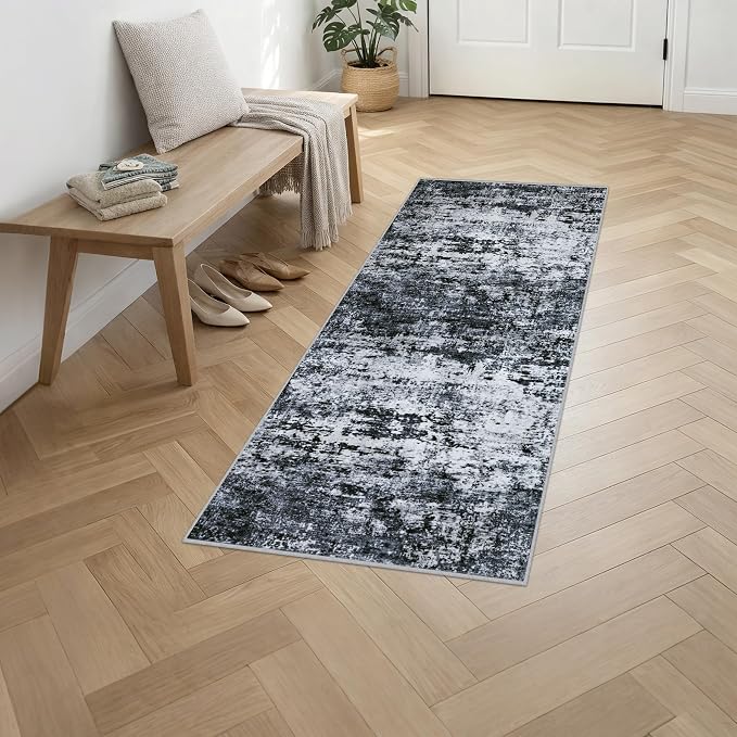 2'x6' Runner Rug Washable Rug: Modern Abstract Soft Thin Runner Rug Black