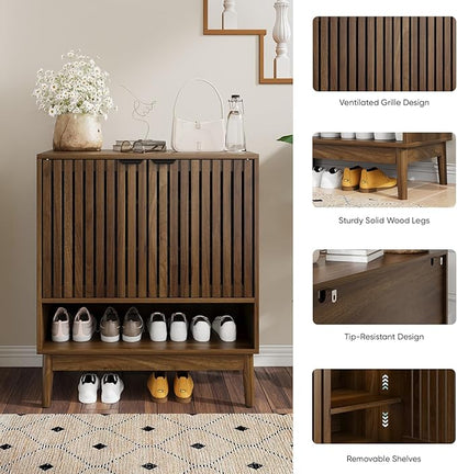 Shoe Storage Cabinet with Adjustable Shelves, Wooden Shoe Organizer, Shoes Rack for Entryway, Hallway, Living Room (Walnut, 27.56" W)