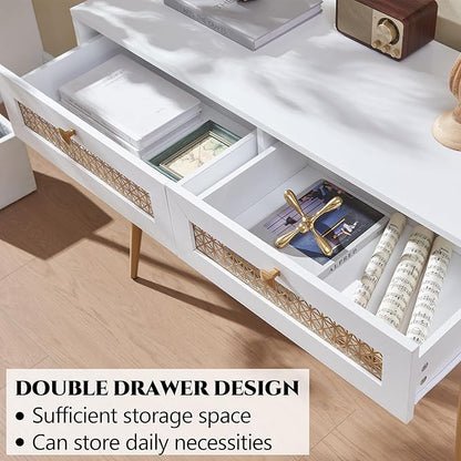 Mid-Century Style Entryway Table, Console Table with Two Drawers, Narrow Sofa Table for Living Room, Hallway, Rectangular, White