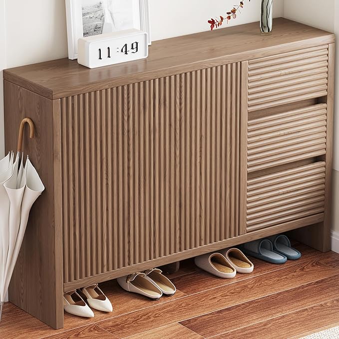 45.7" Wide Shoe Cabinet, Large Shoe Storage Cabinet with 3 Drawers & 2 Grille Doors, 3-Tier Farmhouse Walnut Shoe Organizer Rack for Entryway, Hallway, Living Room