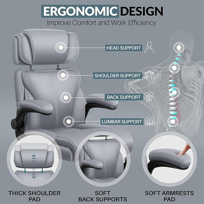 Office Chair, Ergonomic Big and Tall Computer Desk Chair with Retractable Adjustable Headrest, Executive Breathable Leather Chair, Lumbar Support Swivel PC Chair with Flip-up Armrests Rocking Function