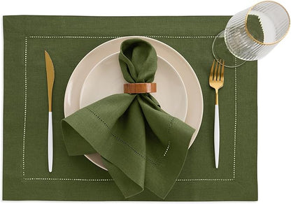 Solino Home Linen Cloth Placemats Set of 4-100% Pure Linen Hemstitch Olive Placemats 14 x 19 Inch - Classic Hemstitch Table Place Mats